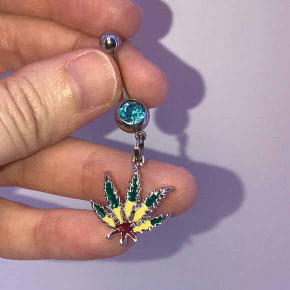 Aqua Blue Gem Dark Rasta Pot Leaf Dangle Belly Ring - Picture 2 of 8